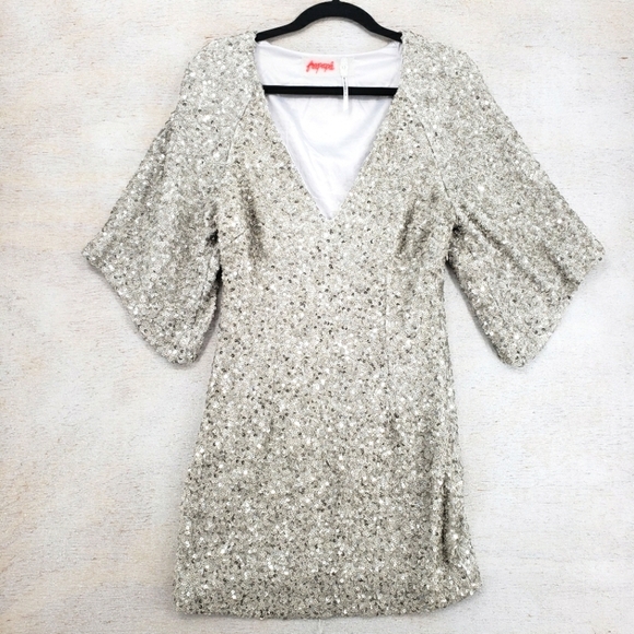 Free People Women US 6 champagne all over sequin dress Party Girl mini side zip - Picture 3 of 15